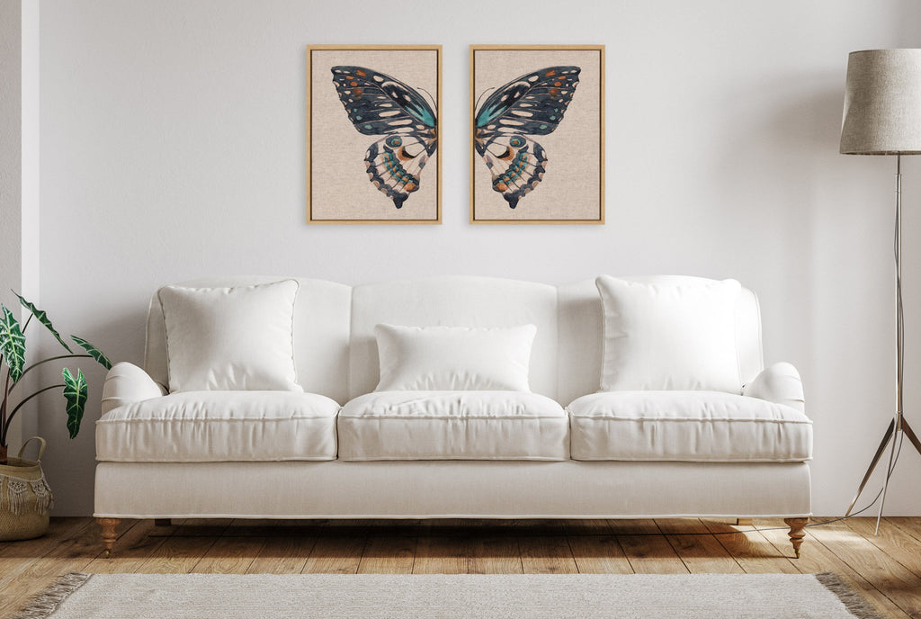 Sylvie Boho Butterfly Watercolor Diptych Neutral Linen Framed Canvas Art Set by The Creative Bunch Studio