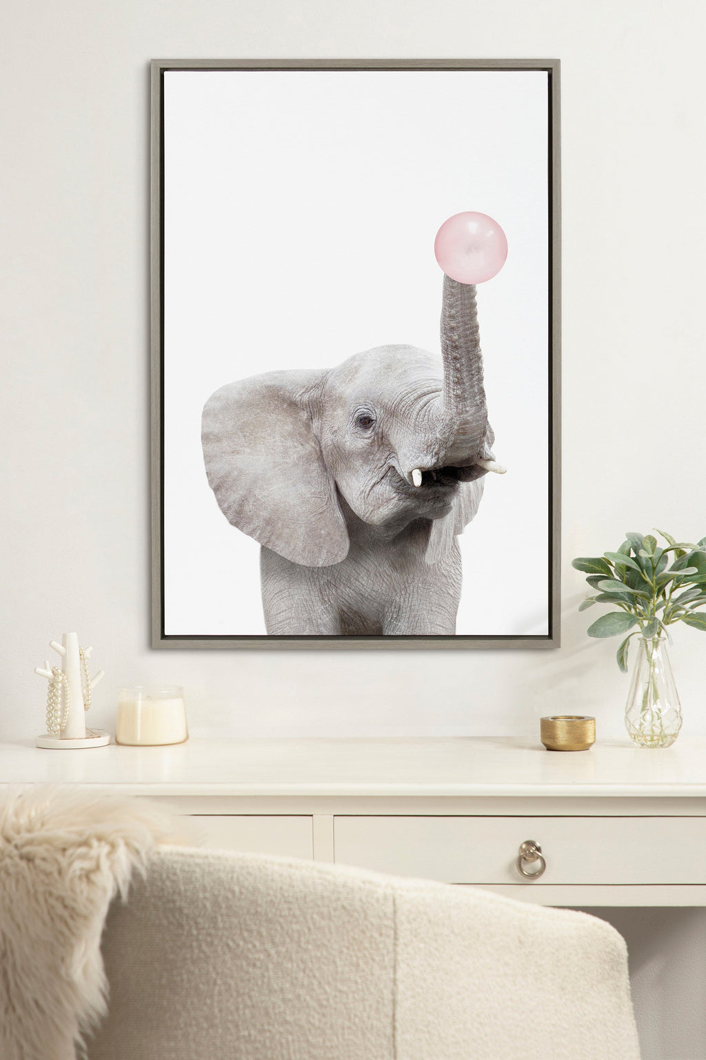 Sylvie Bubble Gum Elephant Framed Canvas by Amy Peterson Art Studio