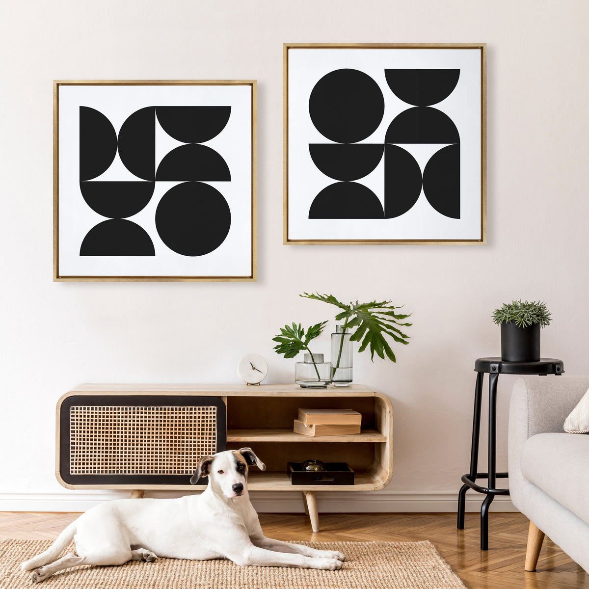 Sylvie Bold Vintage Geometric Black and White Framed Canvas by The Creative Bunch Studio