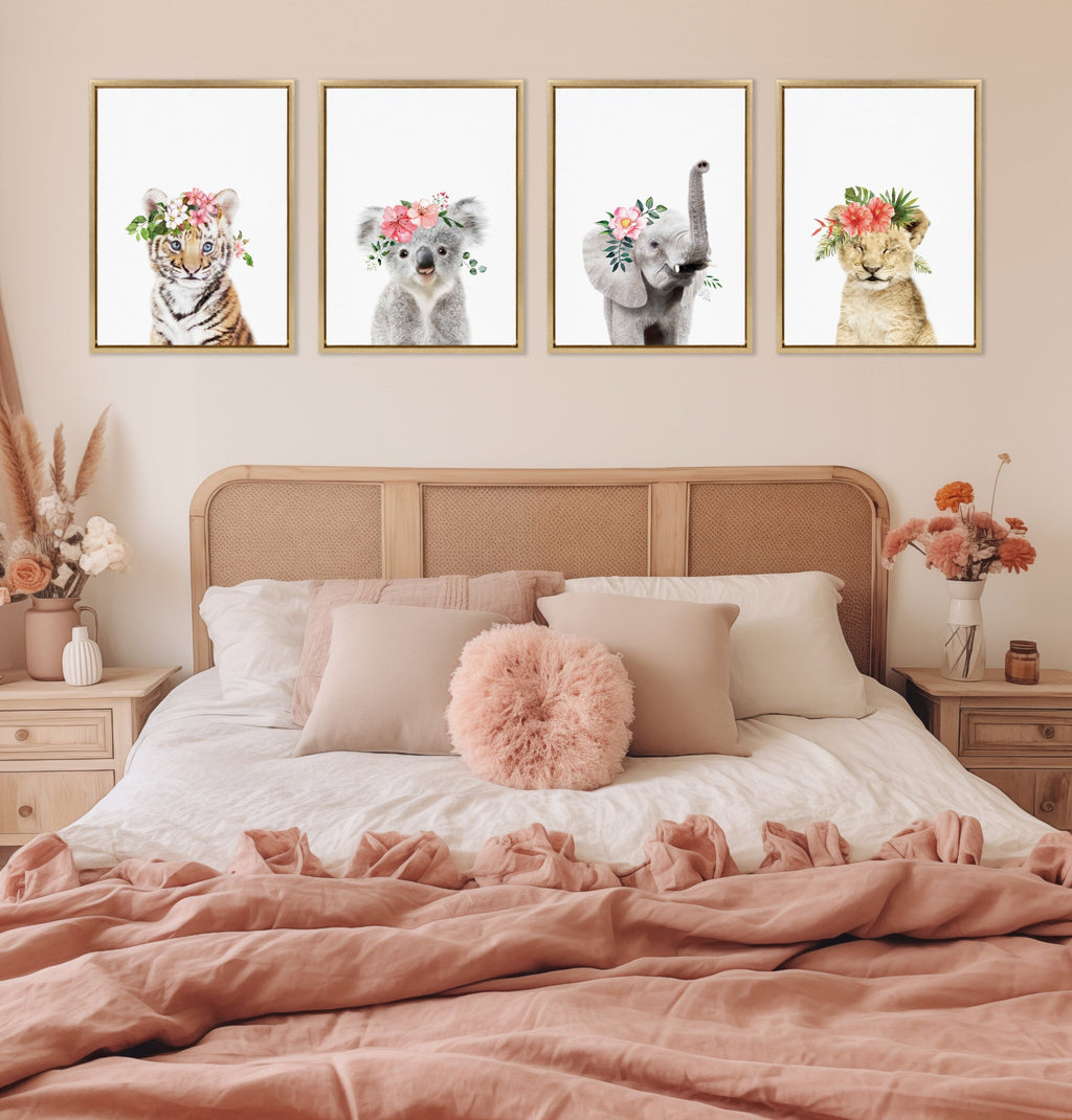 Sylvie Flower Crown Lion Cub Framed Canvas by Amy Peterson Art Studio