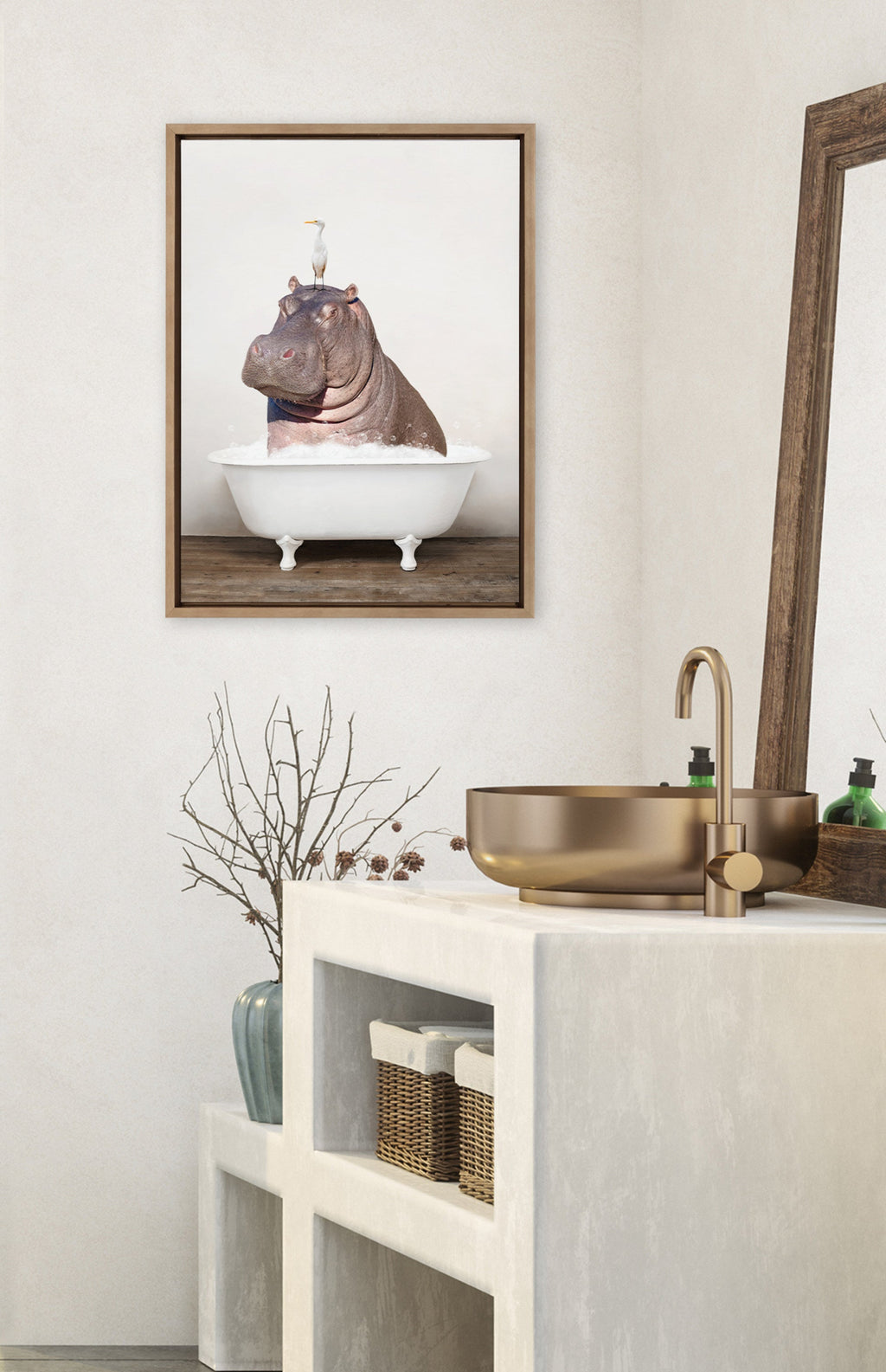 Sylvie Hippo and Bird in Rustic Bath Framed Canvas by Amy Peterson Art Studio