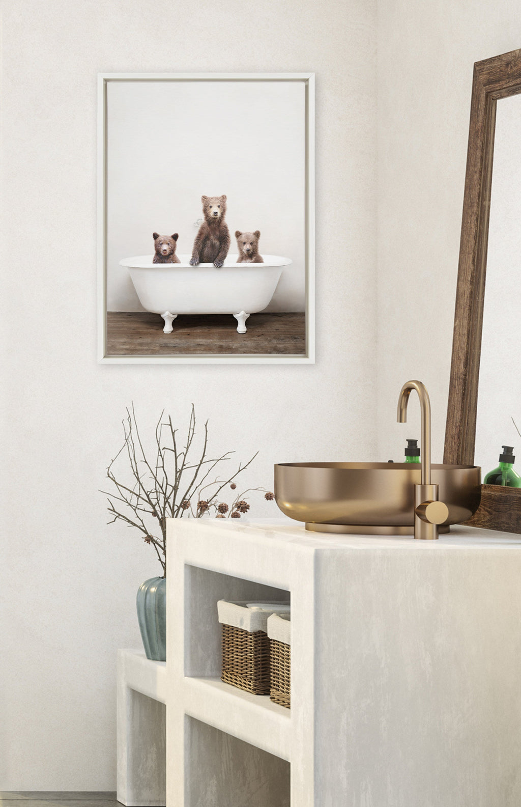 Sylvie Three Little Bears in Vintage Bathtub Framed Canvas by Amy Peterson Art Studio