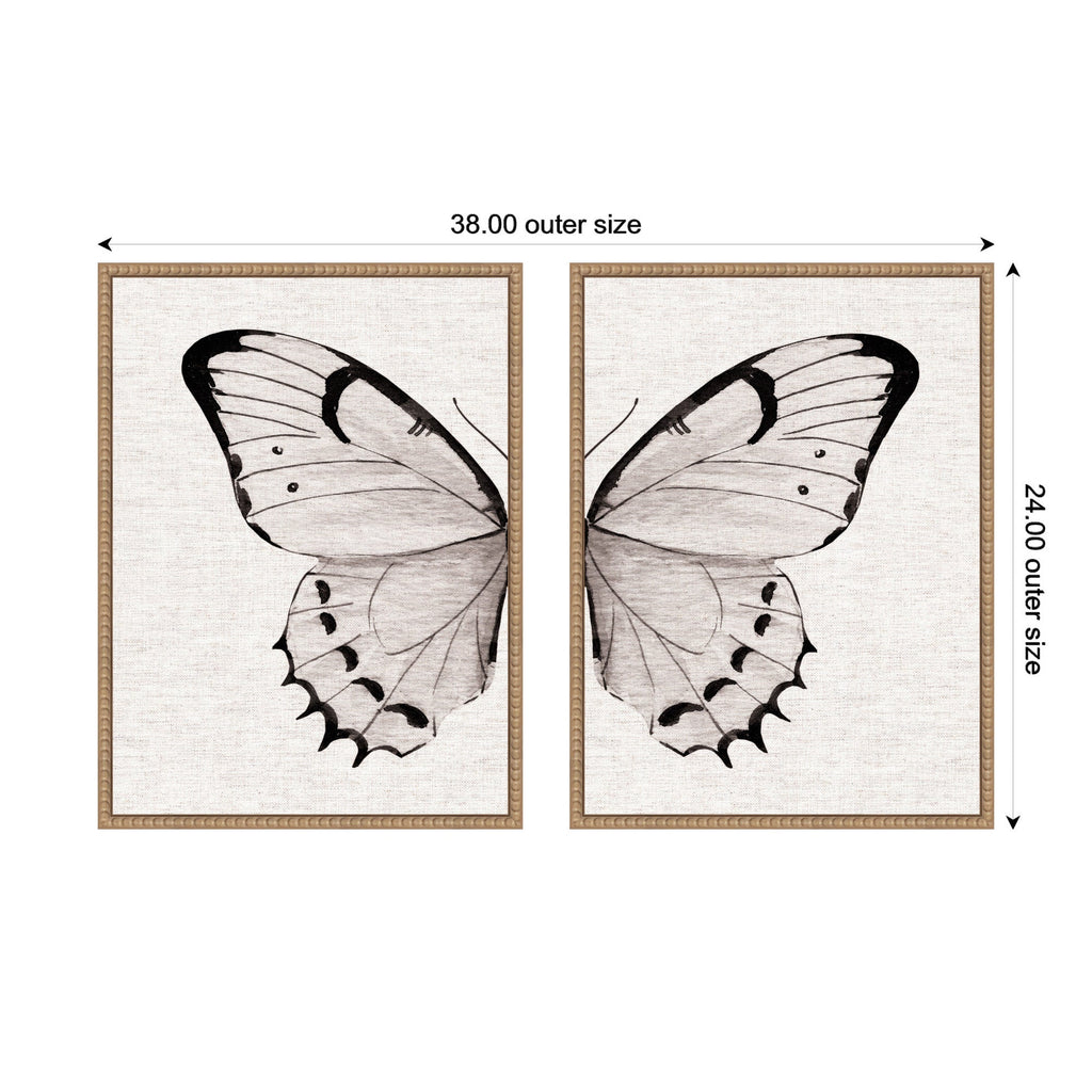 Sylvie Beaded Minimal Butterfly Watercolor Neutral Linen - 2 Piece Framed Canvas Art Set by The Creative Bunch Studio