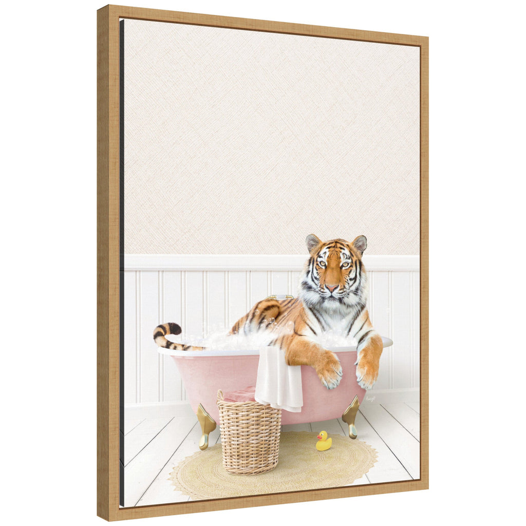 Sylvie Tiger in Cottage Pink Bath Framed Canvas by Amy Peterson