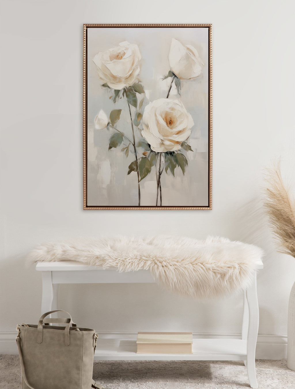 Sylvie Beaded Soft White Roses Framed Canvas by The Creative Bunch Studio