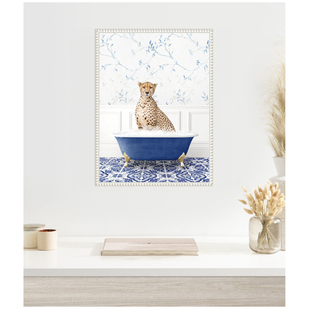 Sylvie Cheetah in Eclectic Blue Bath Framed Canvas by Amy Peterson