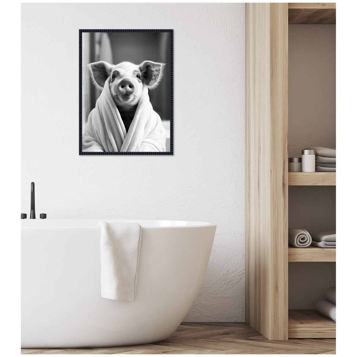 Sylvie Pig Bathroom Art Towel Robe Black and White Framed Canvas by The Creative Bunch Studio