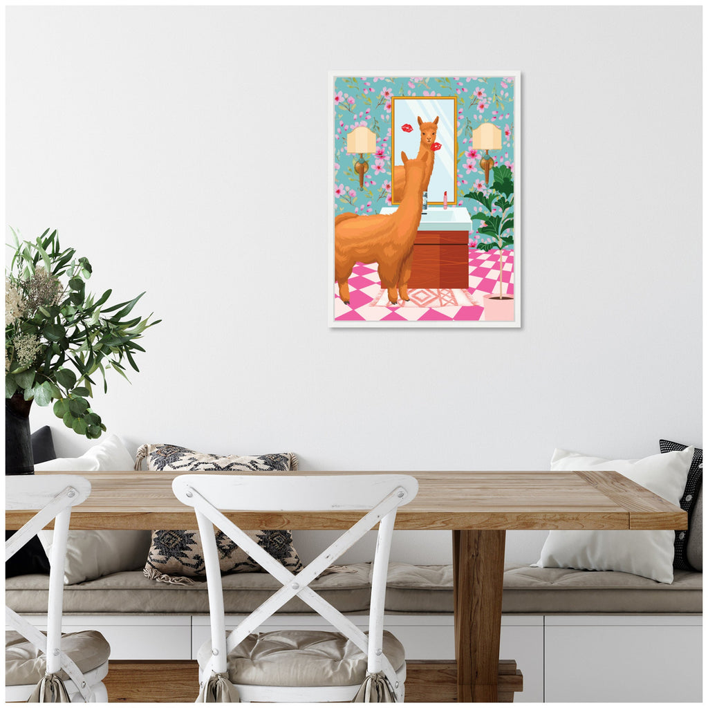 Sylvie Maximalist Llama Bathroom Mirror Framed Canvas by Honey Island Studio