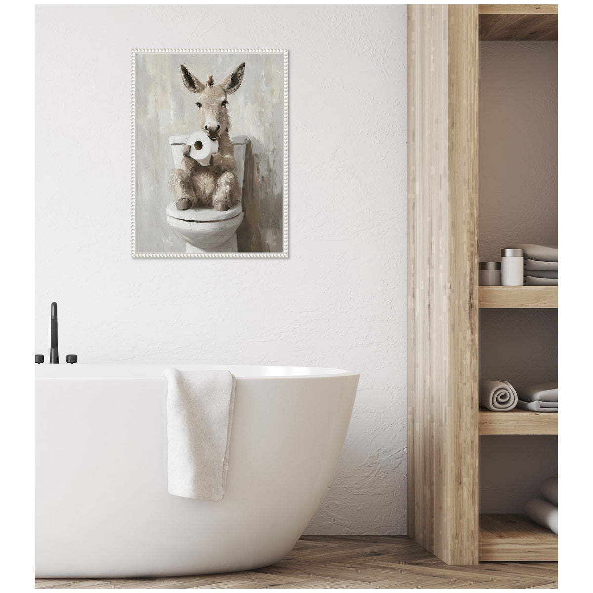 Sylvie Cute Donkey Holding Toilet Paper Roll Toilet Bathroom Art Framed Canvas by The Creative Bunch Studio