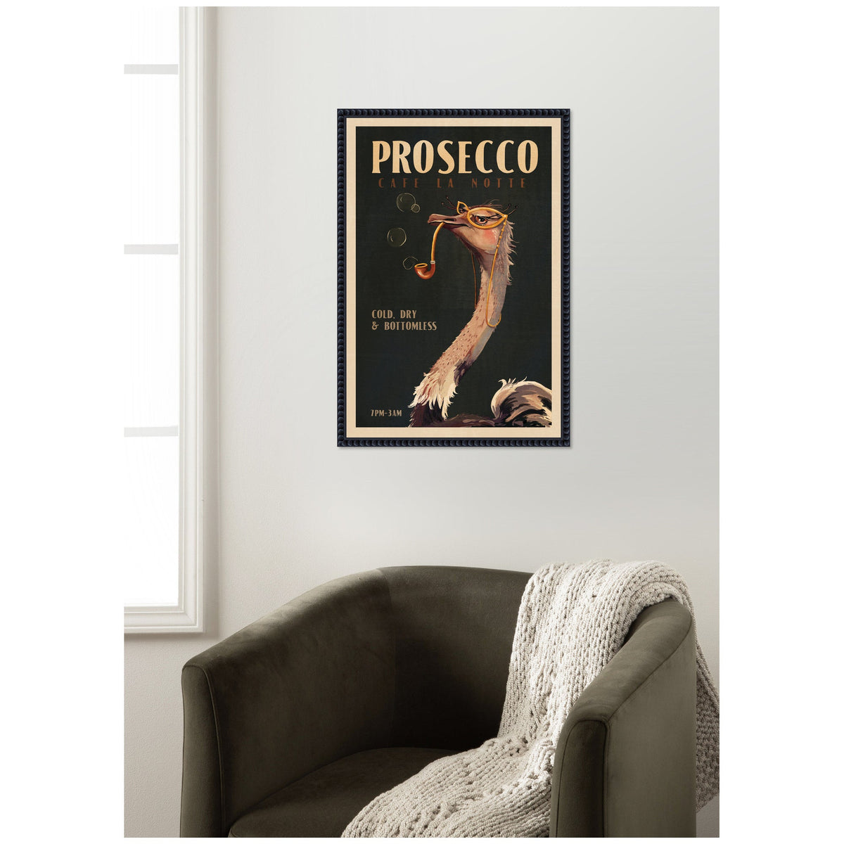 WG Deco Prosecco Ostrich by The Whiskey Ginger Framed Canvas Wall Art Print