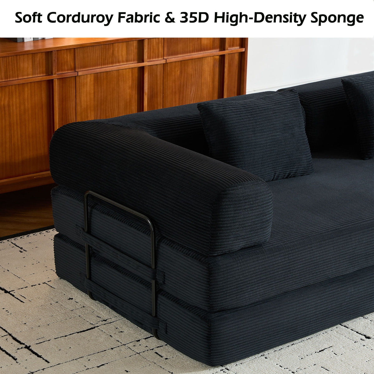 Convertible Sleeper Sofa Bed With Cylindrical Pillow, With Fixed Shape Frame