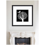 Framed Art Black and White Bird Tree Linocut by Giuliana Lazzerini