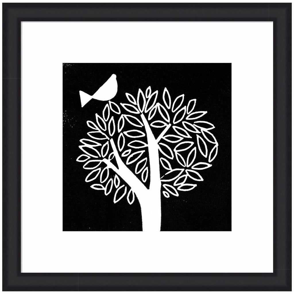 Framed Art Black and White Bird Tree Linocut by Giuliana Lazzerini