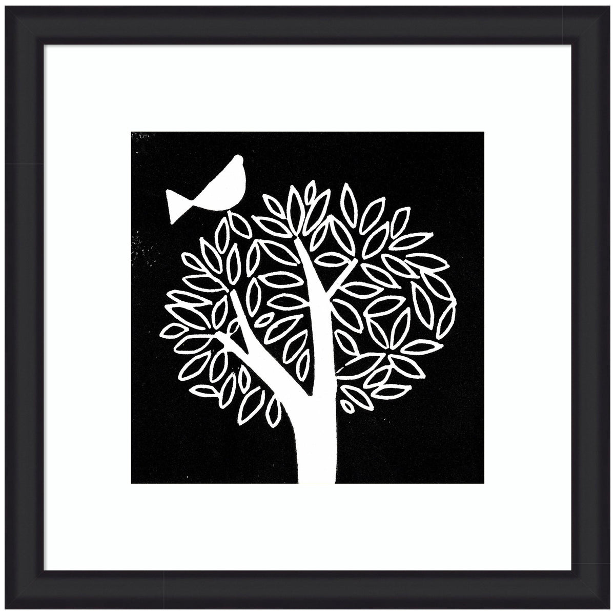 Framed Art Black and White Bird Tree Linocut by Giuliana Lazzerini