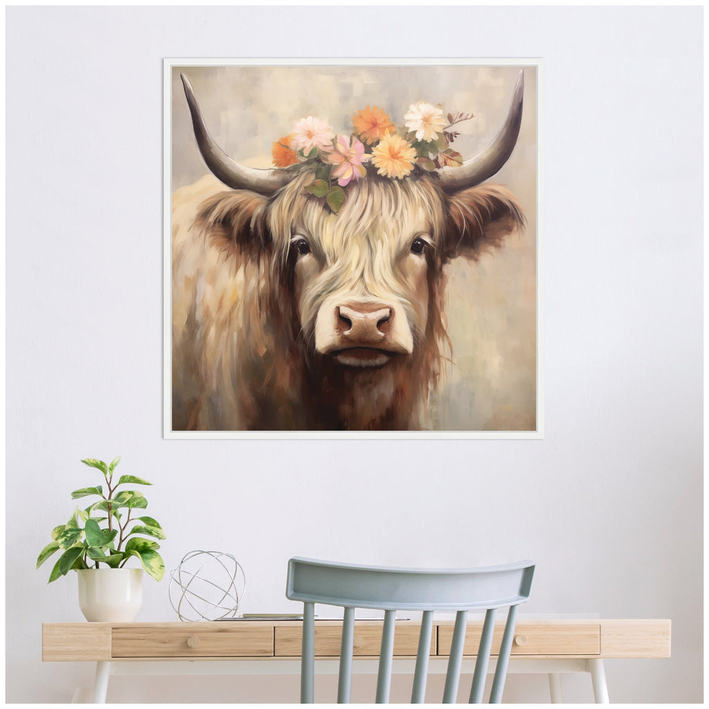 Sylvie Adorable Floral Boho Highland Cow Framed Canvas by The Creative Bunch Studio