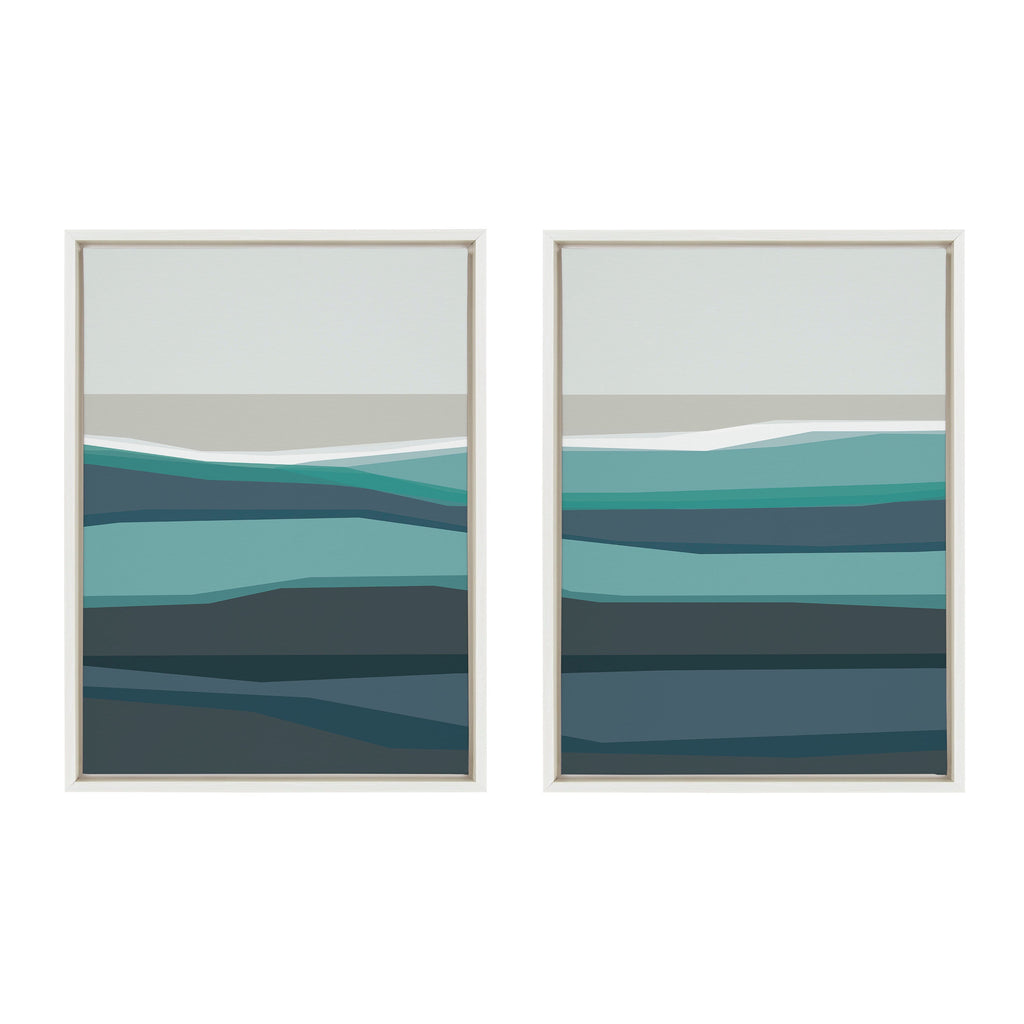 Sylvie Abstract Teal Beach Horizon Left and Right Framed Canvas by The Creative Bunch Studio