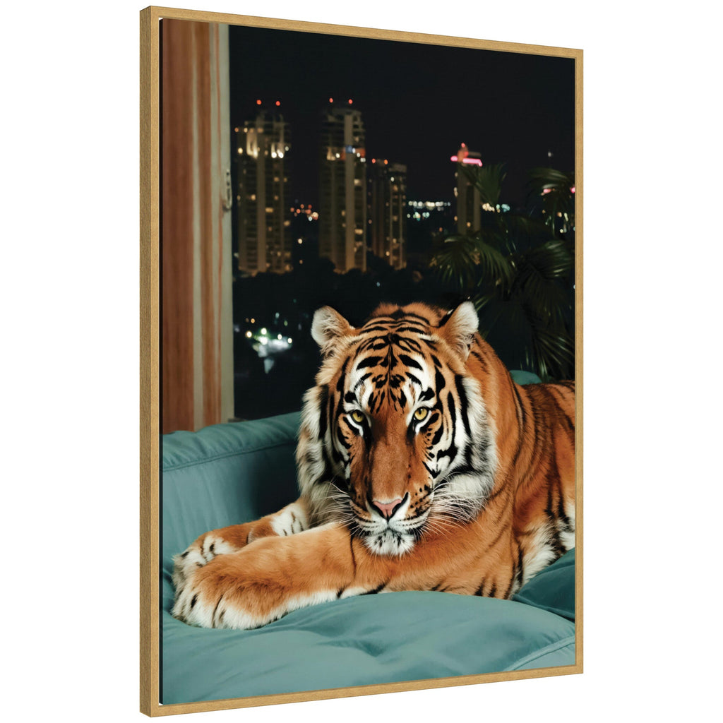 Sylvie Tiger in the City at Night 1 Framed Canvas by Michael Schauer