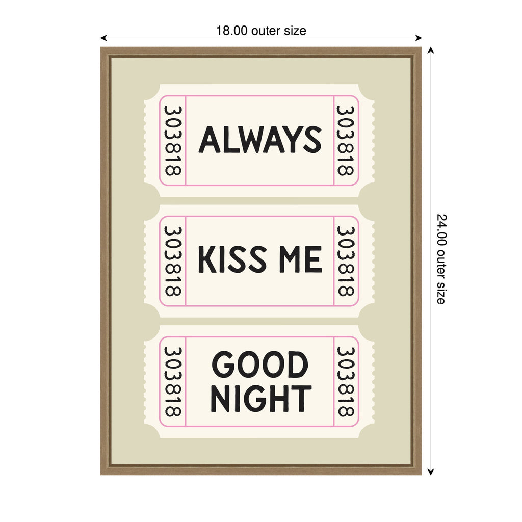 Above Bed Decor, Always Kiss Me Goodnight Ticket Print, Sage Green Wall Art Retro Poster by Lucky Guava Framed Canvas Wall Art Print