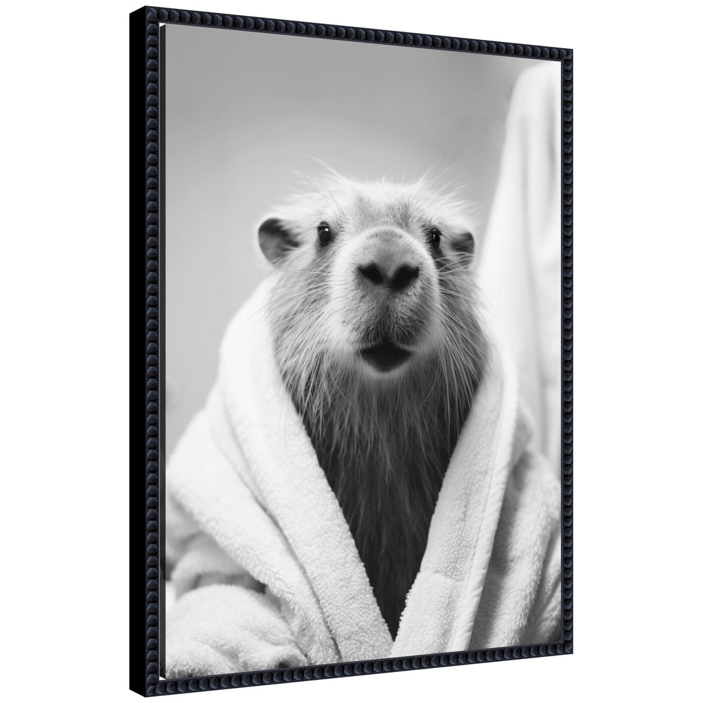 Sylvie Capybara Bathroom Art Towel Robe Black and White Framed Canvas by The Creative Bunch Studio