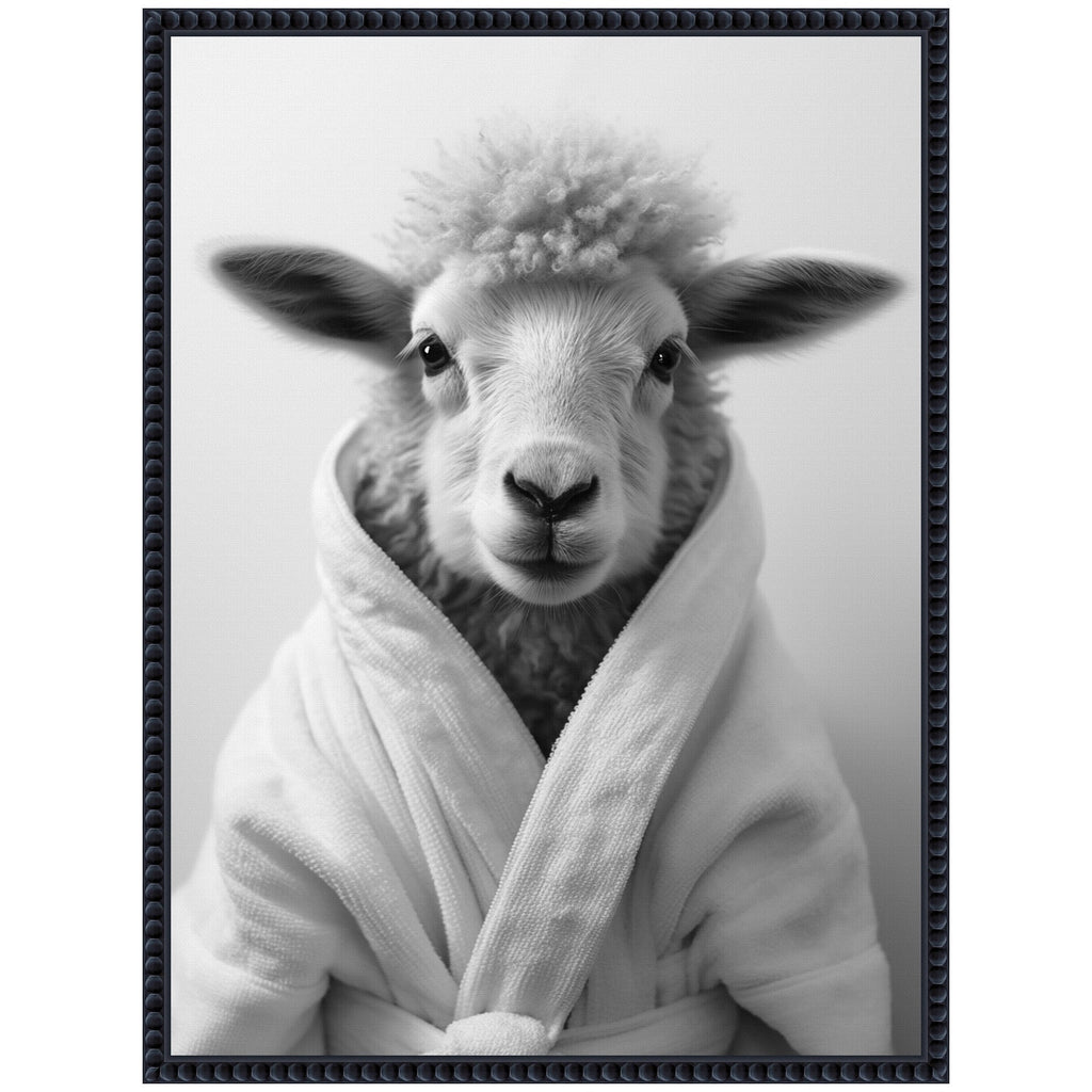 Sylvie Sheep Bathroom Art Towel Robe Black and White Framed Canvas by The Creative Bunch Studio