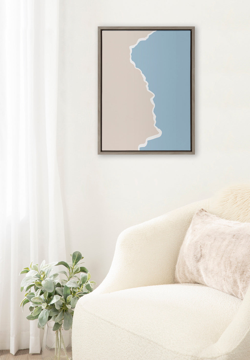 Sylvie Muted Abstract Landscape Beige and Blue Framed Canvas by The Creative Bunch Studio