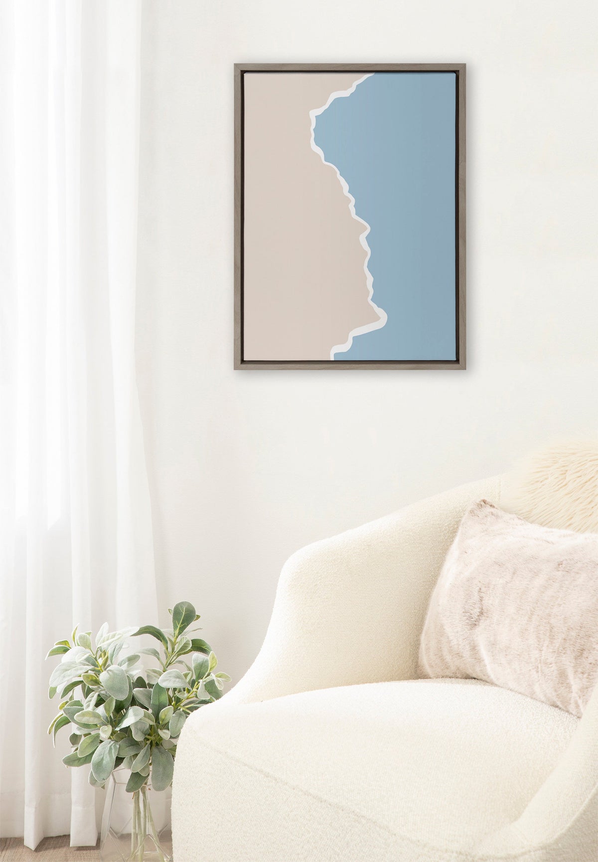 Sylvie Muted Abstract Landscape Beige and Blue Framed Canvas by The Creative Bunch Studio