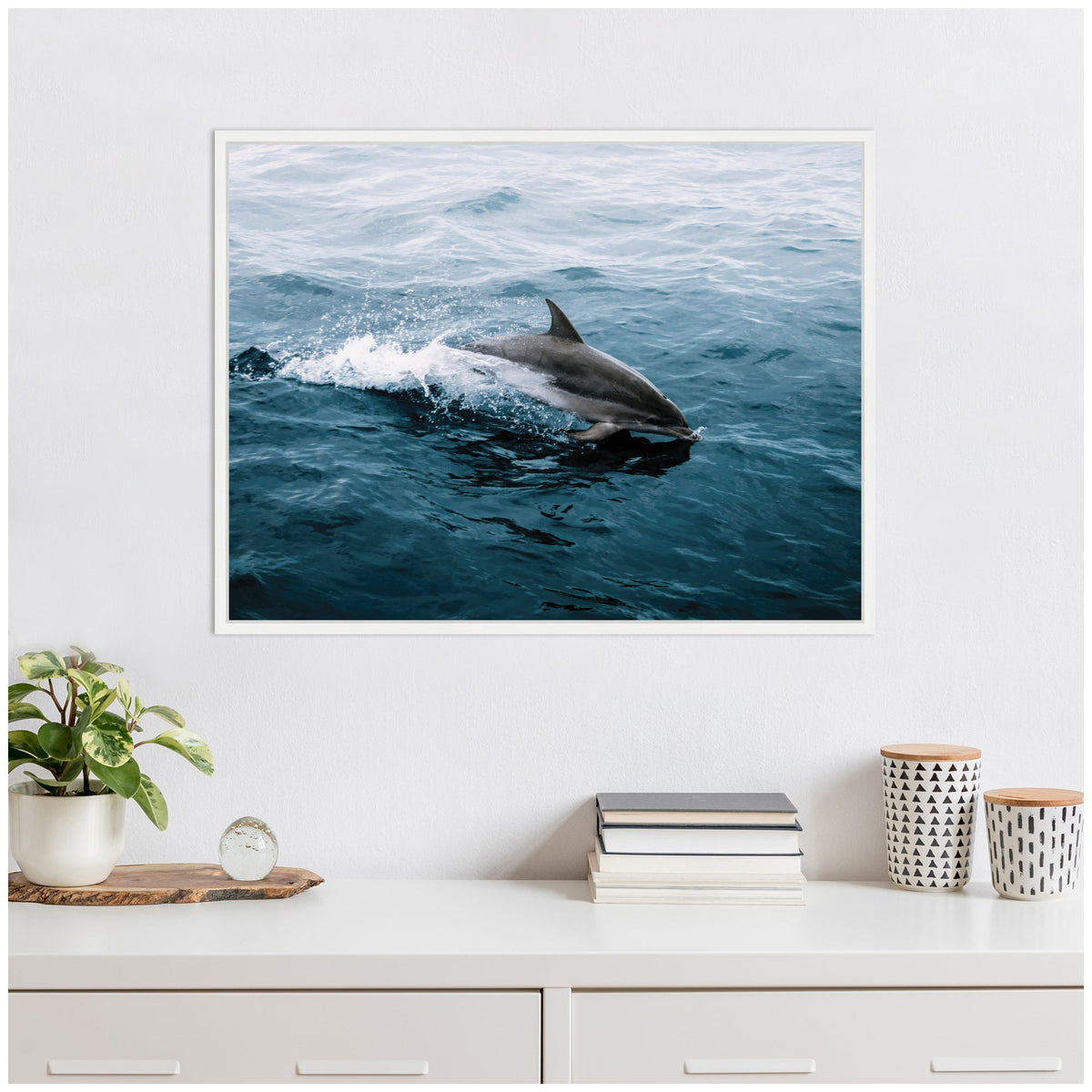Sylvie Dolphin Skipping along in the Ocean Framed Canvas by Michael Schauer