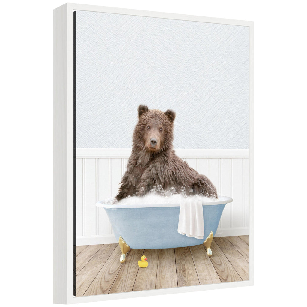 Sylvie Bear in Cottage Blue Bathtub Framed Canvas by Amy Peterson