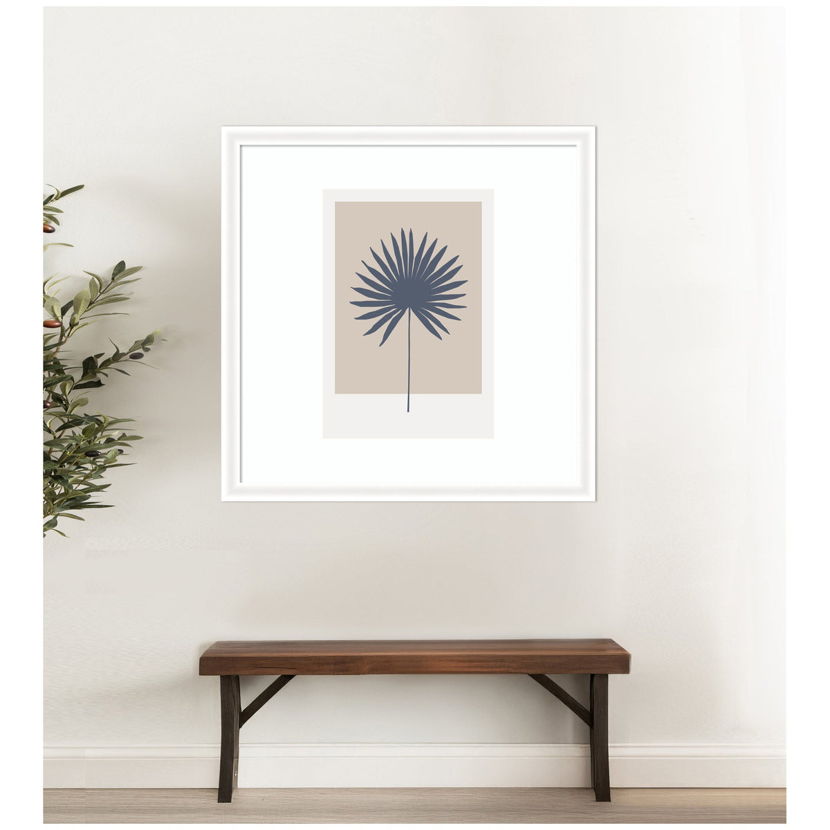 Muted Tan and Blue Colorblock Botanical Palm by The Creative Bunch Studio Framed Wall Art Print