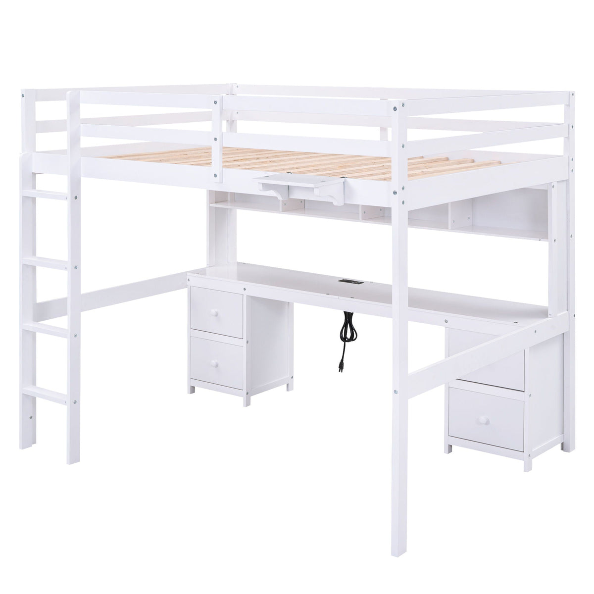 Loft Bed With Desk, Cabinets, Drawers, Charging Station And Bedside Tray
