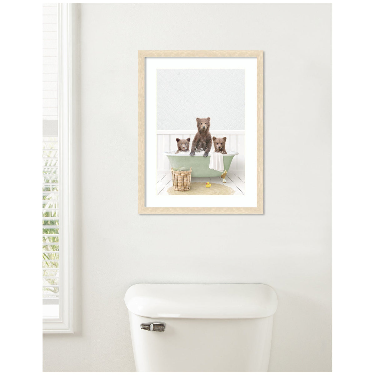 Three Bear Cubs in Cottage Green Bath by Amy Peterson Framed Wall Art Print