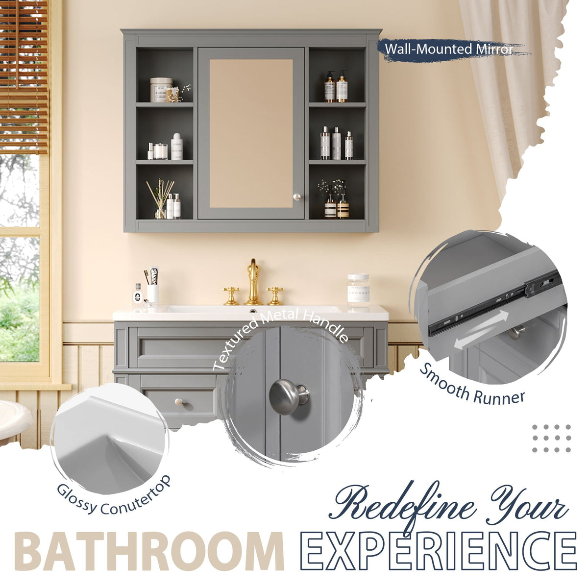 Bathroom Vanity With Mirror Cabinet, Single Sink With 2 Soft Closing Doors And 4 Drawers