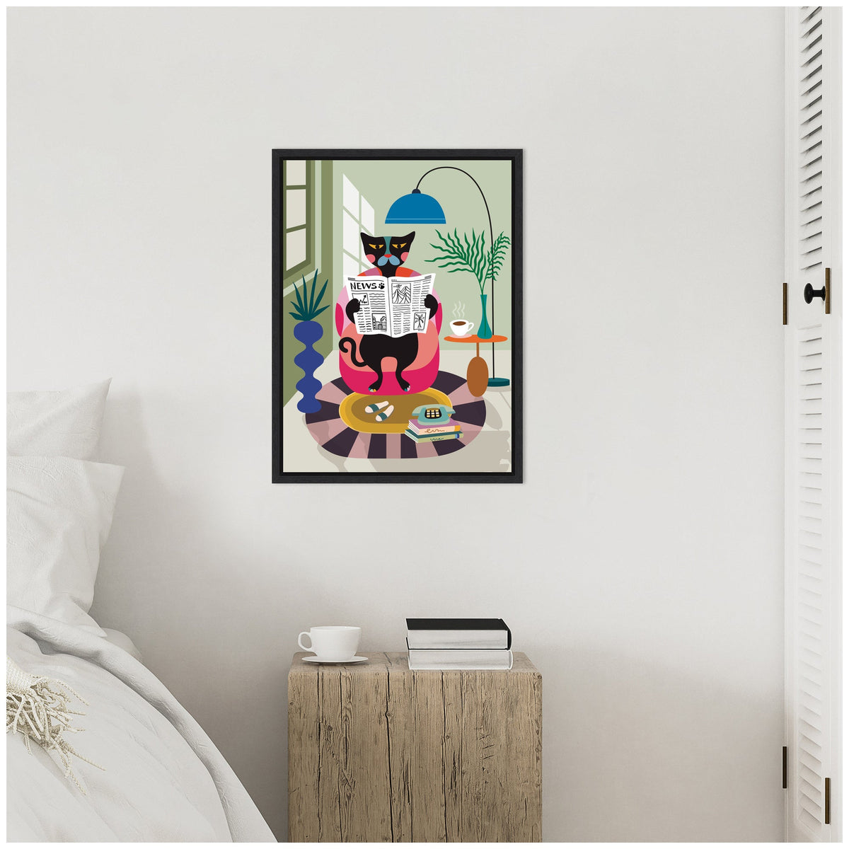 Sylvie Black Cat Reading Newspaper Framed Canvas by Rachel Lee