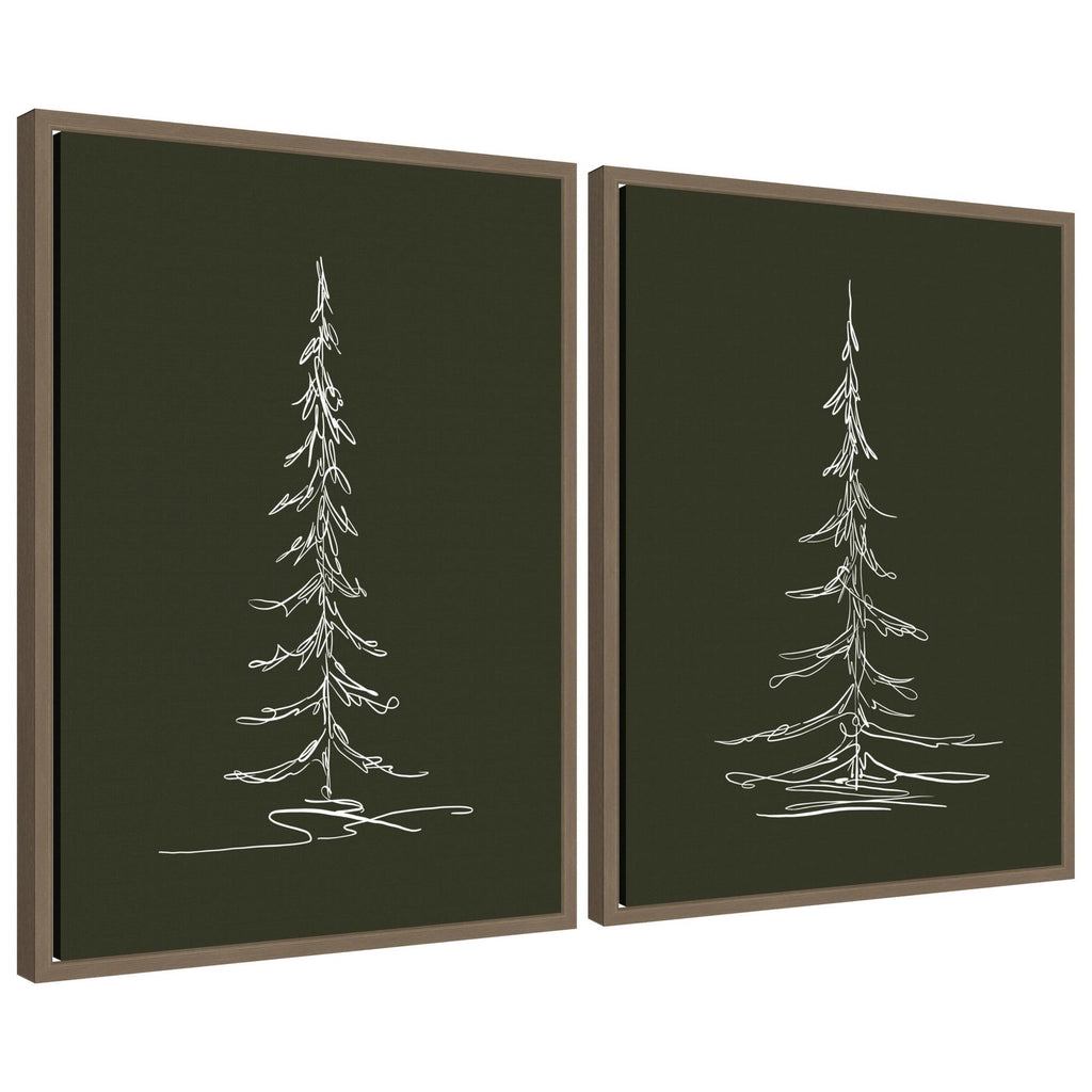 Sylvie Minimalist Evergreen Trees Sketch - 2 Piece Framed Canvas Art Set by The Creative Bunch Studio