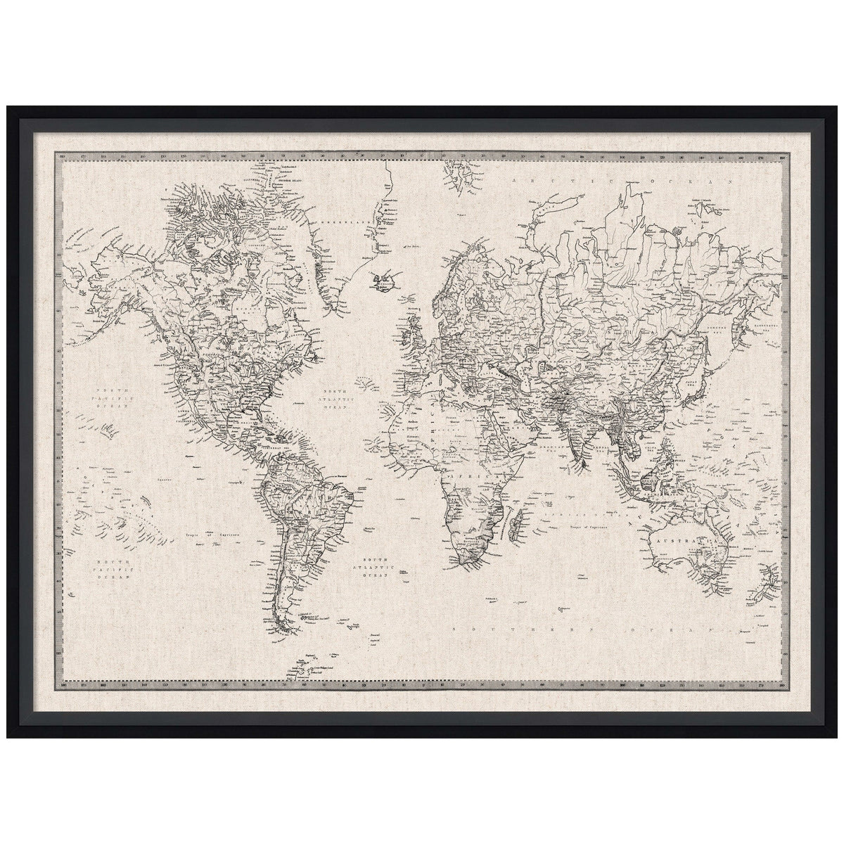 Framed Fabric Pinboard Vintage Black and White Linen World Map Wall Organization