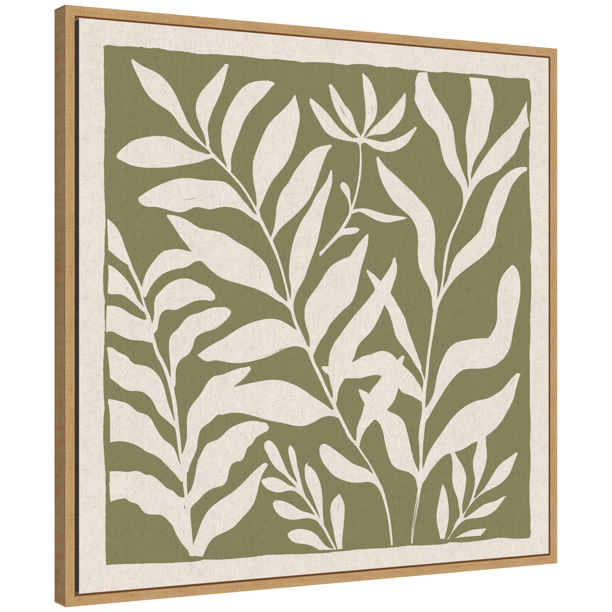 Sylvie Modern Minimalist Botanical Green and Neutral Linen Framed Canvas by The Creative Bunch Studio