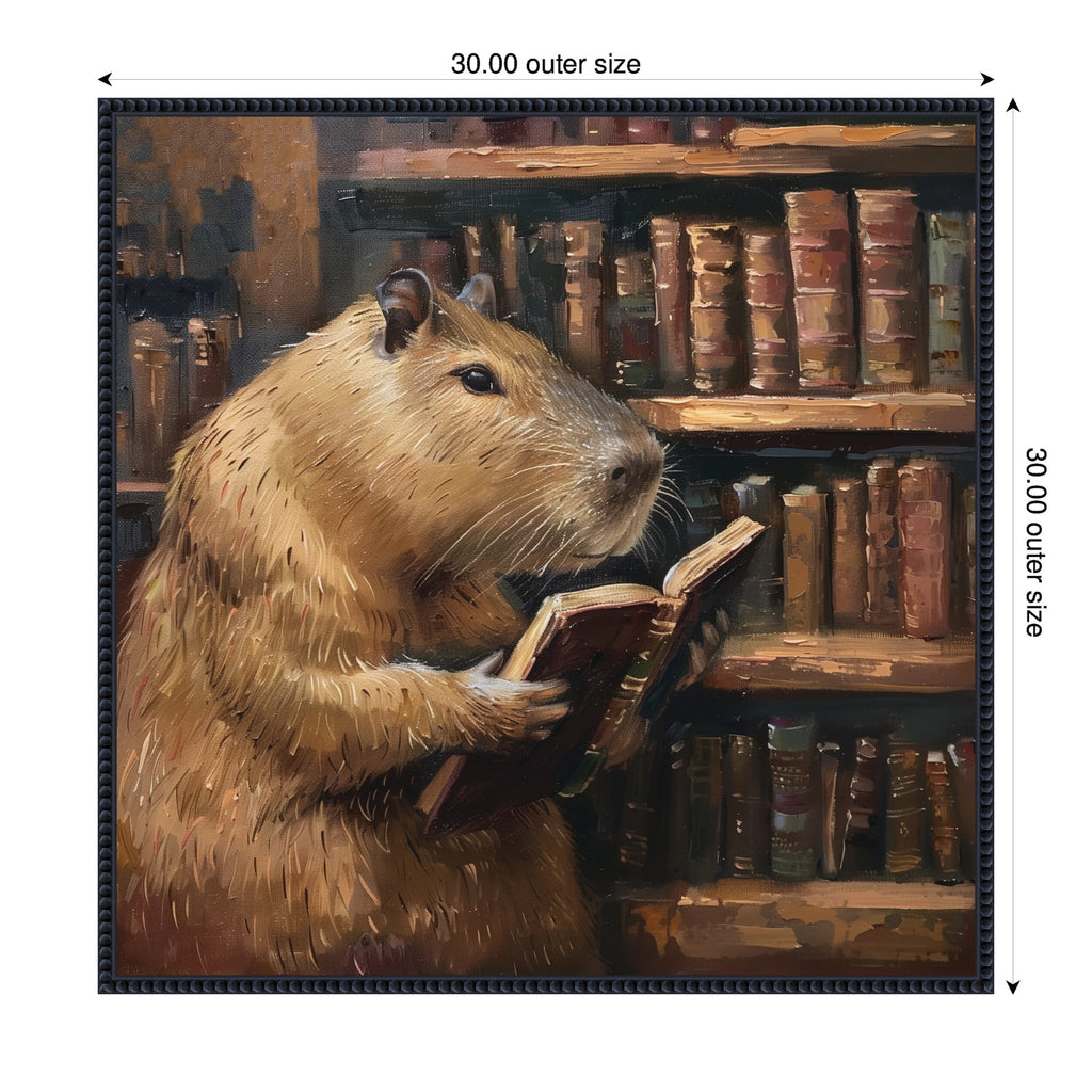 Sylvie Colorful Traditional Capybara Reading in Library Framed Canvas by The Creative Bunch Studio