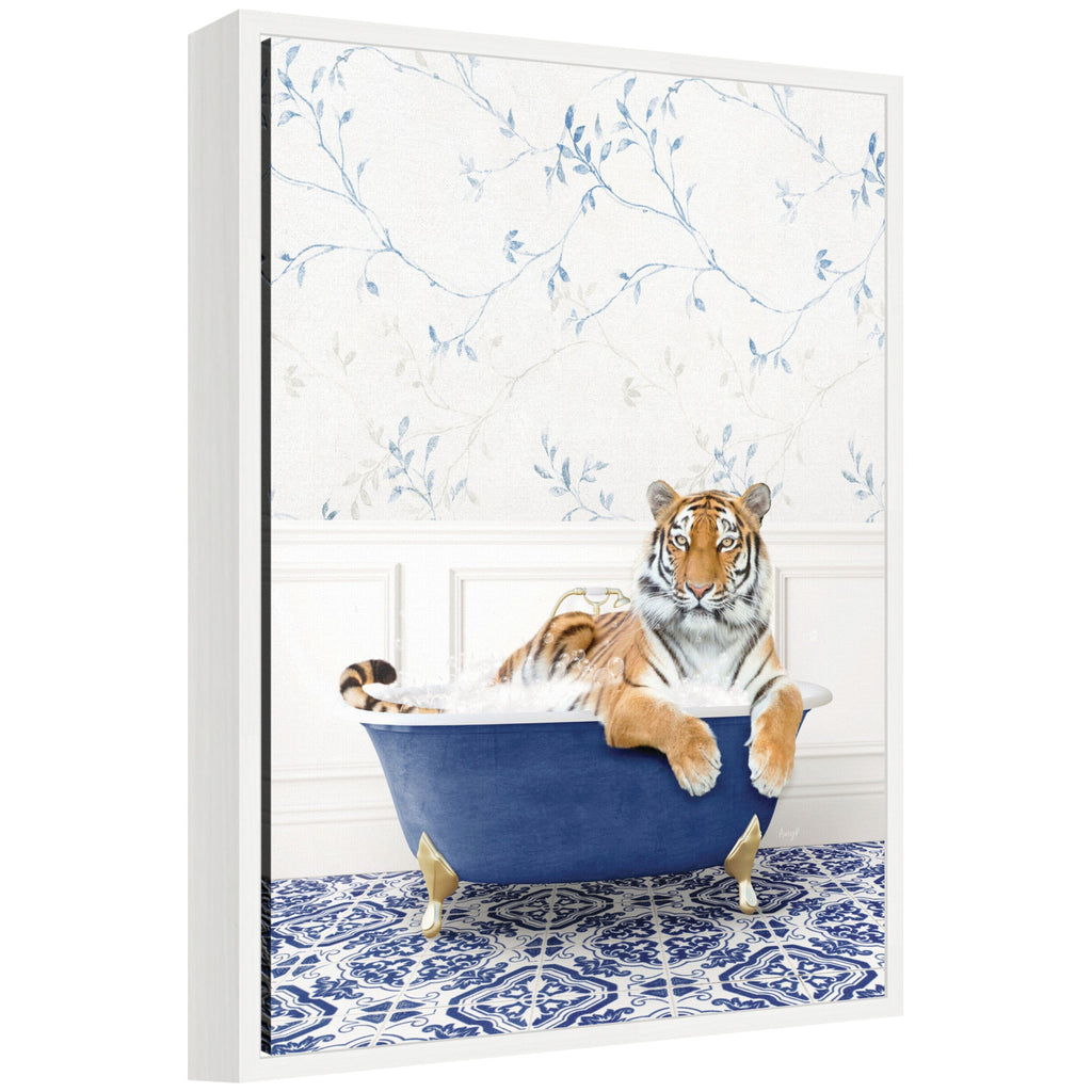 Sylvie Tiger in Eclectic Blue Bathtub Framed Canvas by Amy Peterson