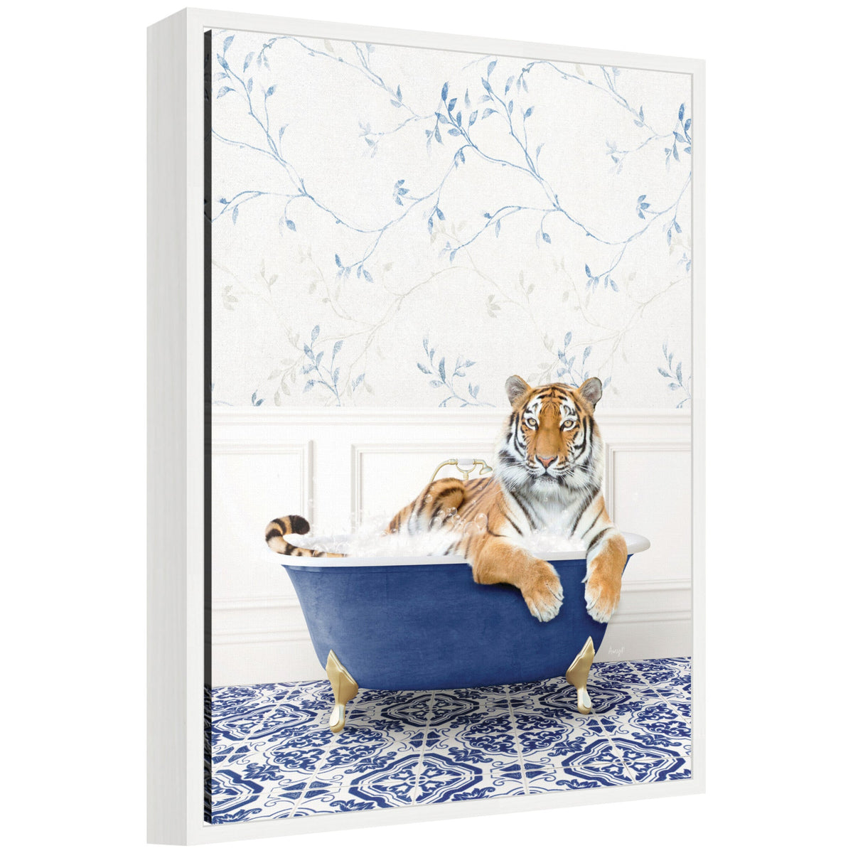 Sylvie Tiger in Eclectic Blue Bathtub Framed Canvas by Amy Peterson