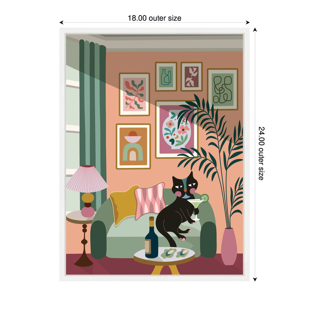 Cocktail Cat by Rachel Lee 3 Birdies Studio Framed Canvas Wall Art Print
