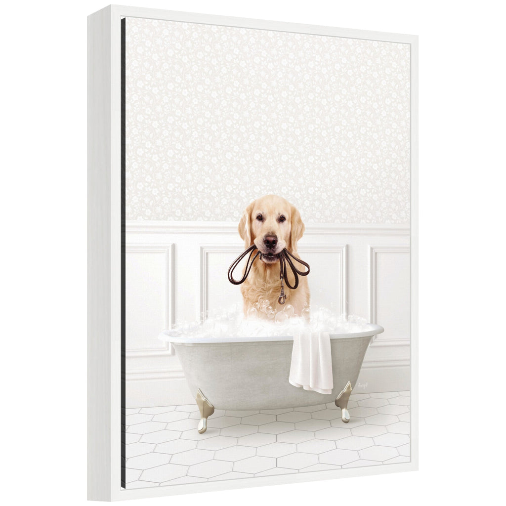 Sylvie Golden Retriever in White Bath Framed Canvas by Amy Peterson