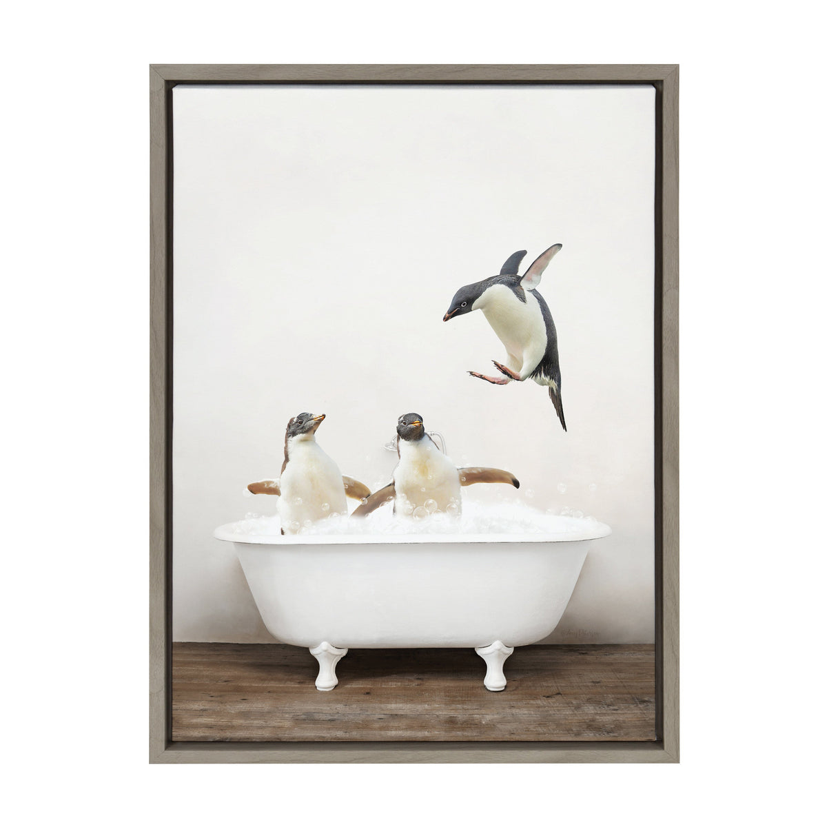 Sylvie Penguins Playing in Rustic Bath Framed Canvas by Amy Peterson Art Studio