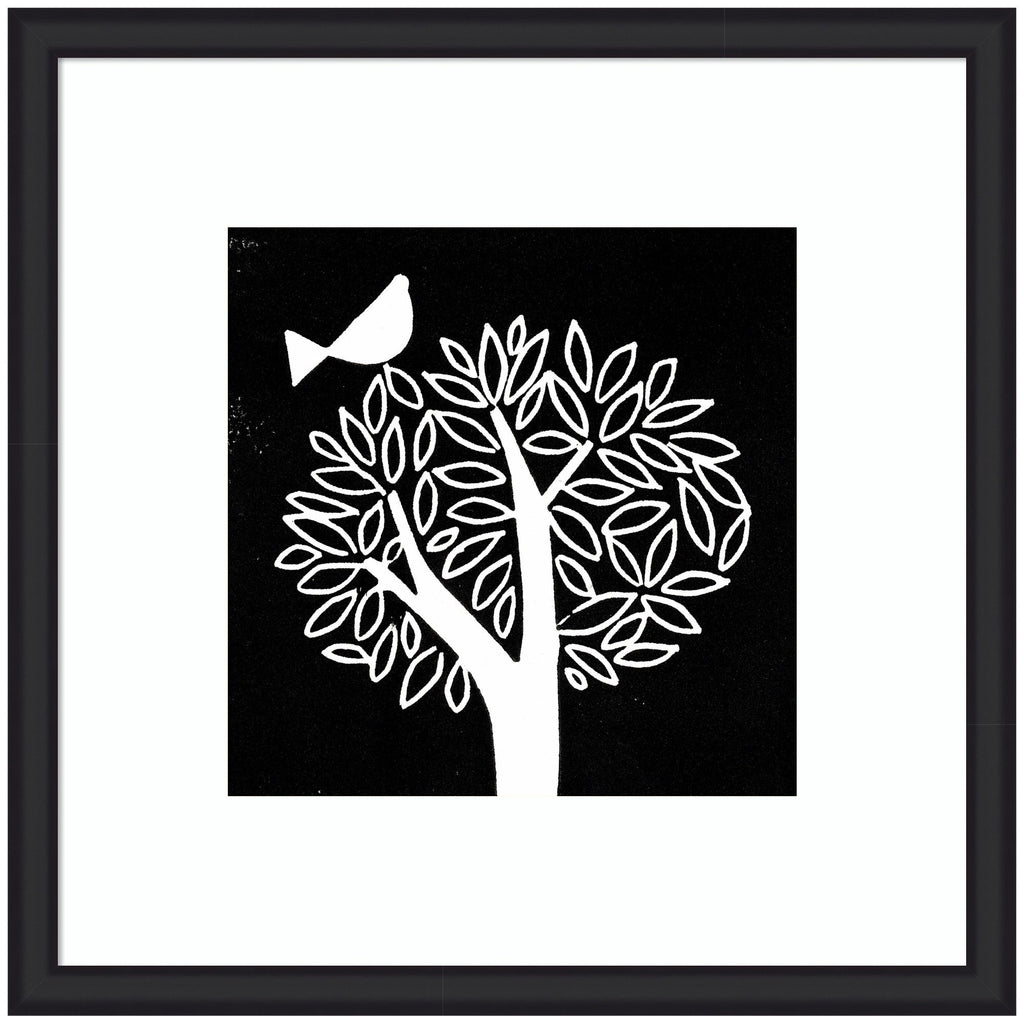Framed Art Black and White Bird Tree Linocut by Giuliana Lazzerini