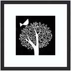 Framed Art Black and White Bird Tree Linocut by Giuliana Lazzerini