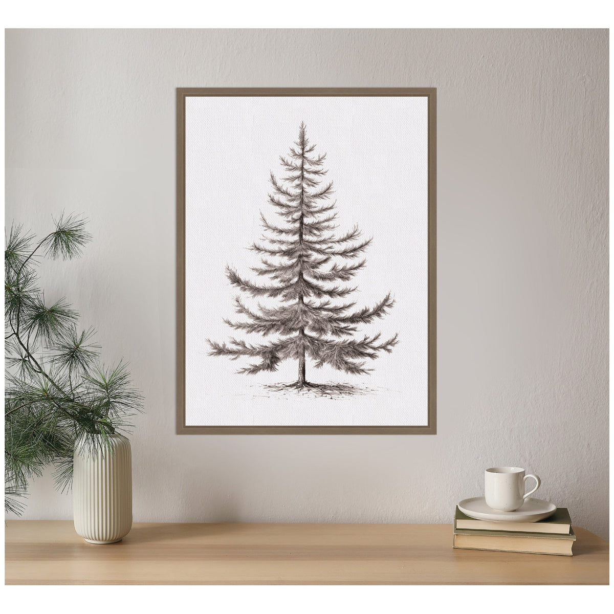Sylvie Framed Canvas Vintage Evergreen Fir Tree lllustration II by The Creative Bunch Studio