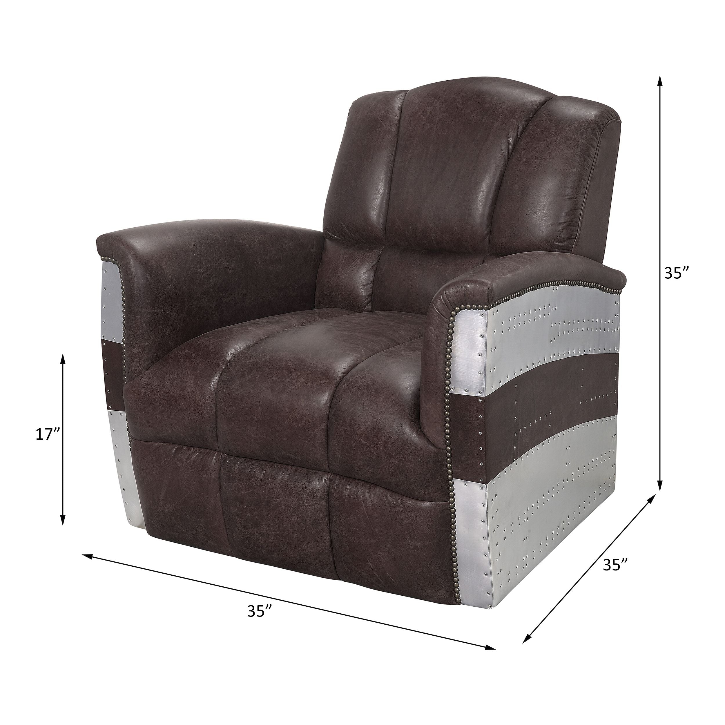 Acme Brancaster Top Grain Leather Accent Chair in Retro Brown and Aluminum