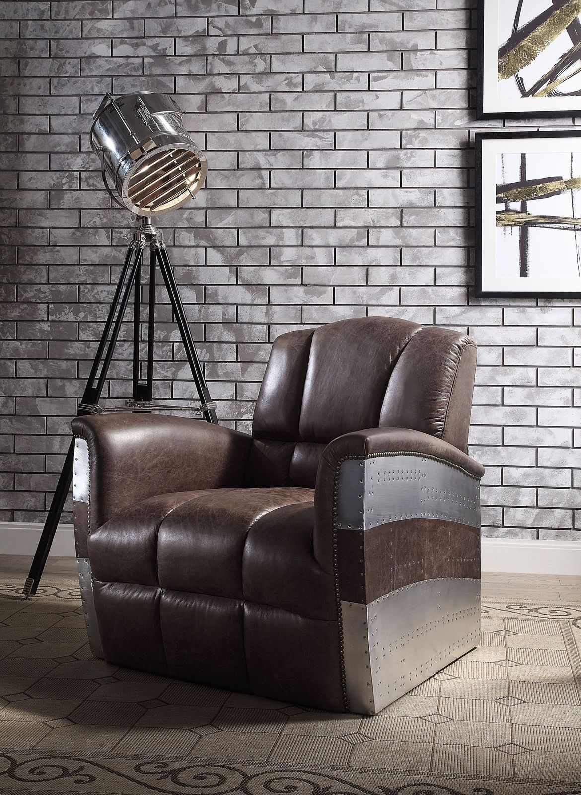 Acme Brancaster Top Grain Leather Accent Chair in Retro Brown and Aluminum
