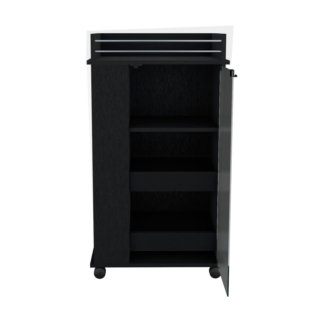 Lansing Bar Cart With Glass Door, 2-Side Shelves And Casters, Black