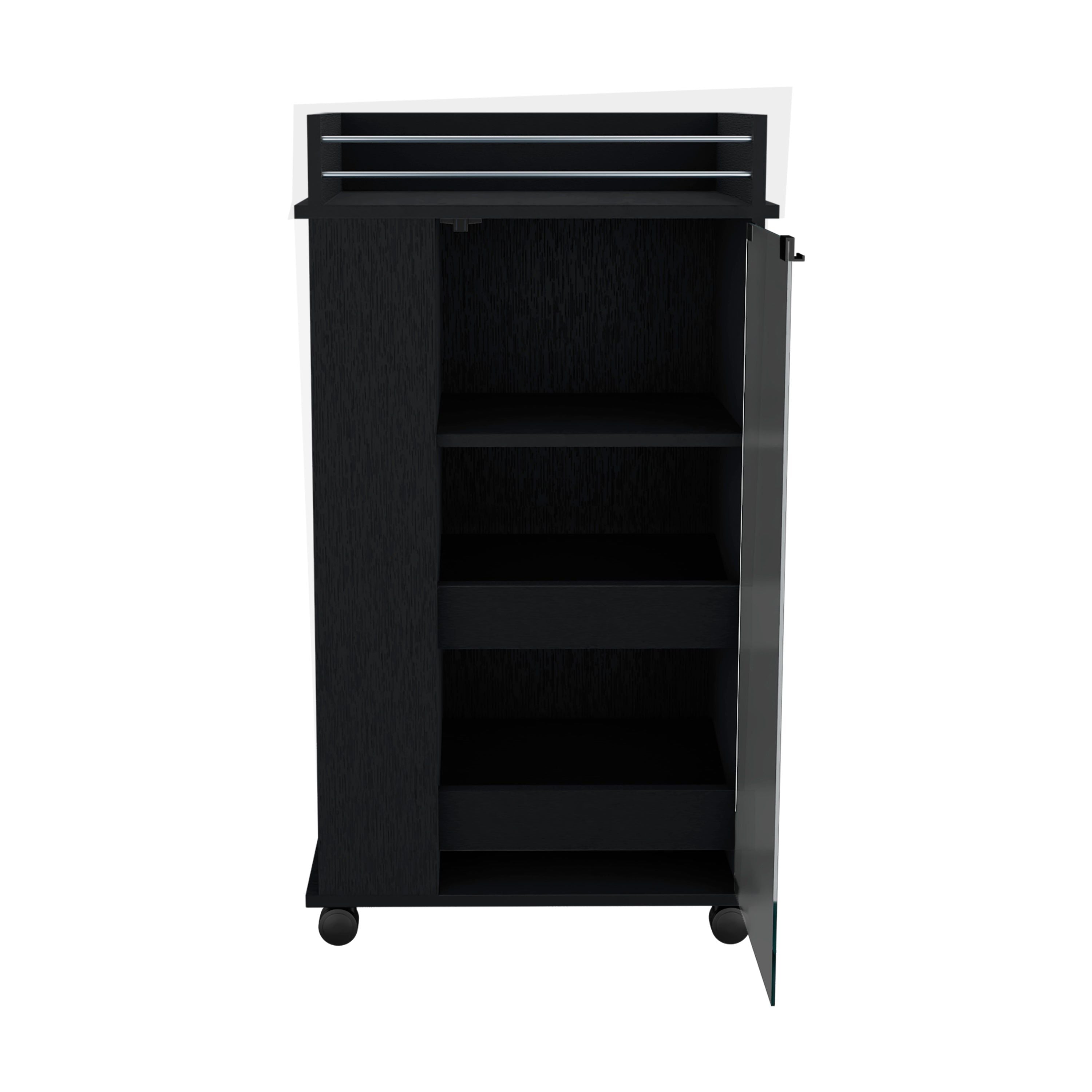 Lansing Bar Cart With Glass Door, 2-Side Shelves And Casters, Black