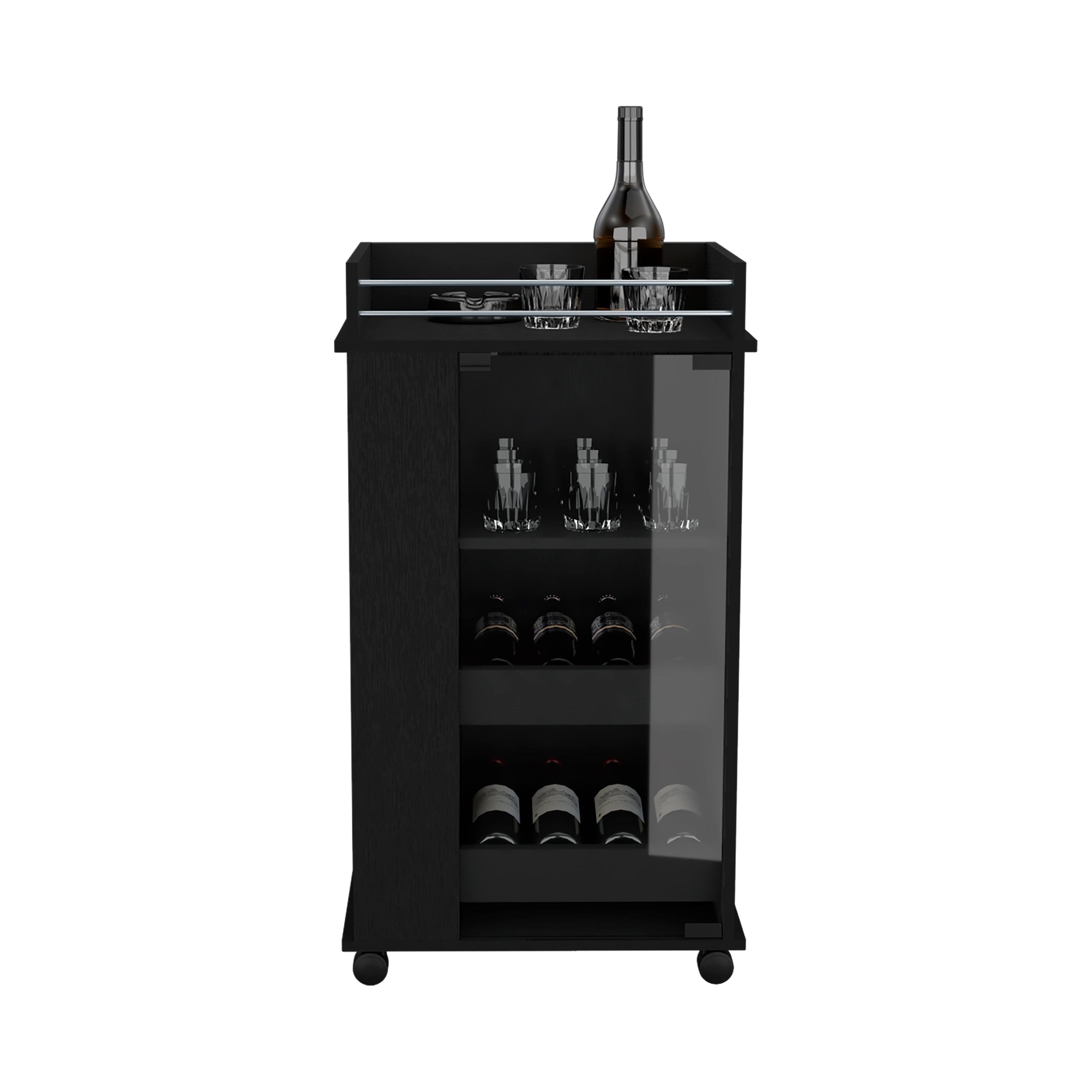 Lansing Bar Cart With Glass Door, 2-Side Shelves And Casters, Black
